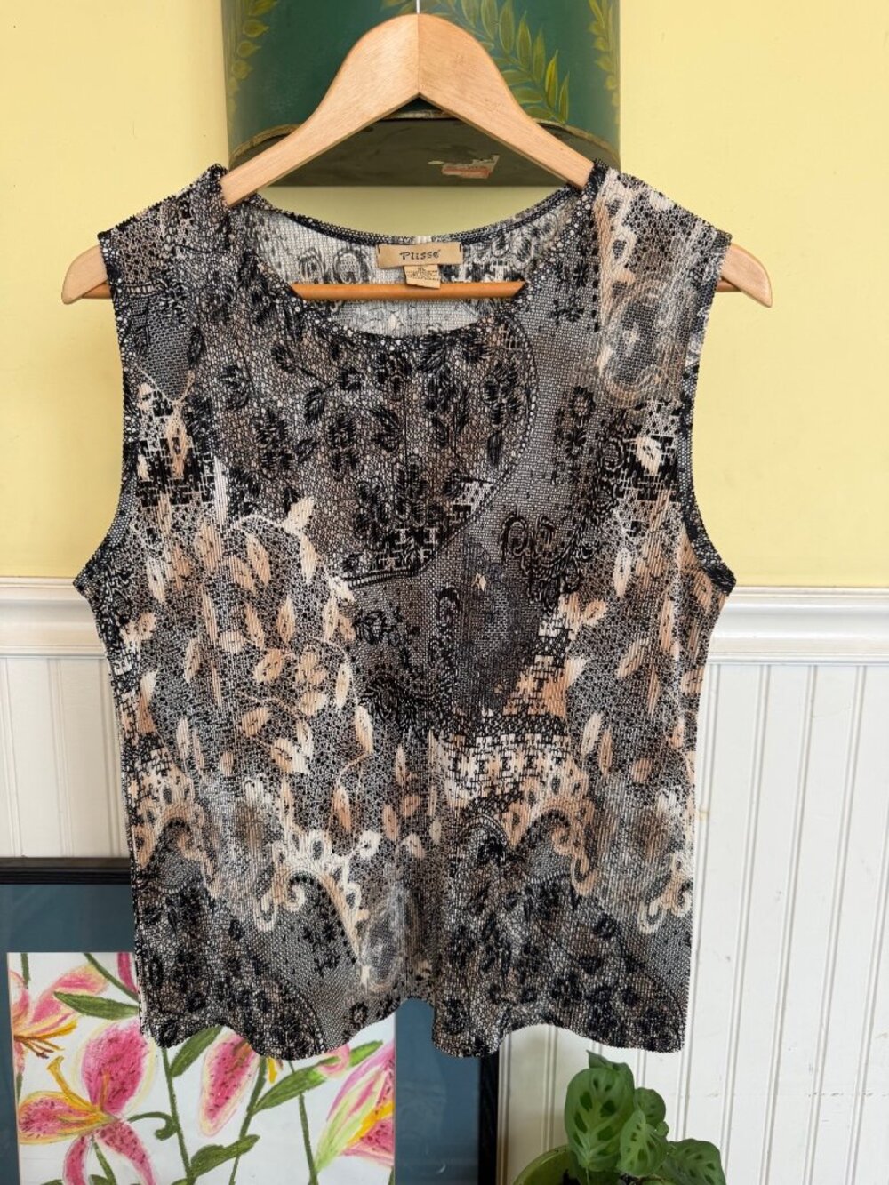 Plisse Womens Sleeveless Top XL Black Beige Abstract Print Vintage 90s